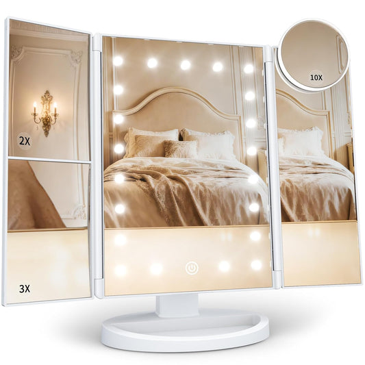 trifold lighted mirror design with wide flexible viewing area