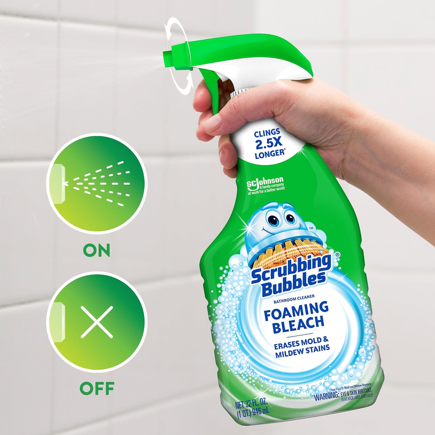 trigger spray dispenser engineered to deliver cling-foam coverage on vertical surfaces