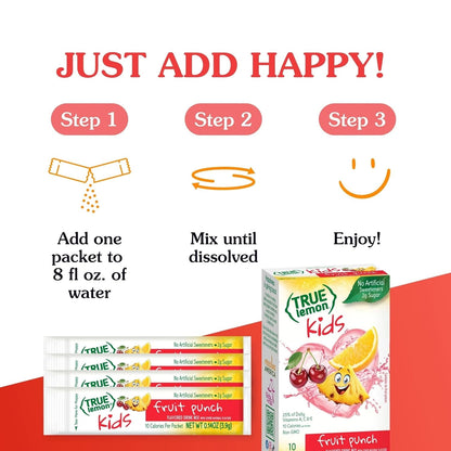True Lemon Kids Hydration Drink Mix Packets – Spill-Proof School Lunch Water Flavoring for Picky Drinkers