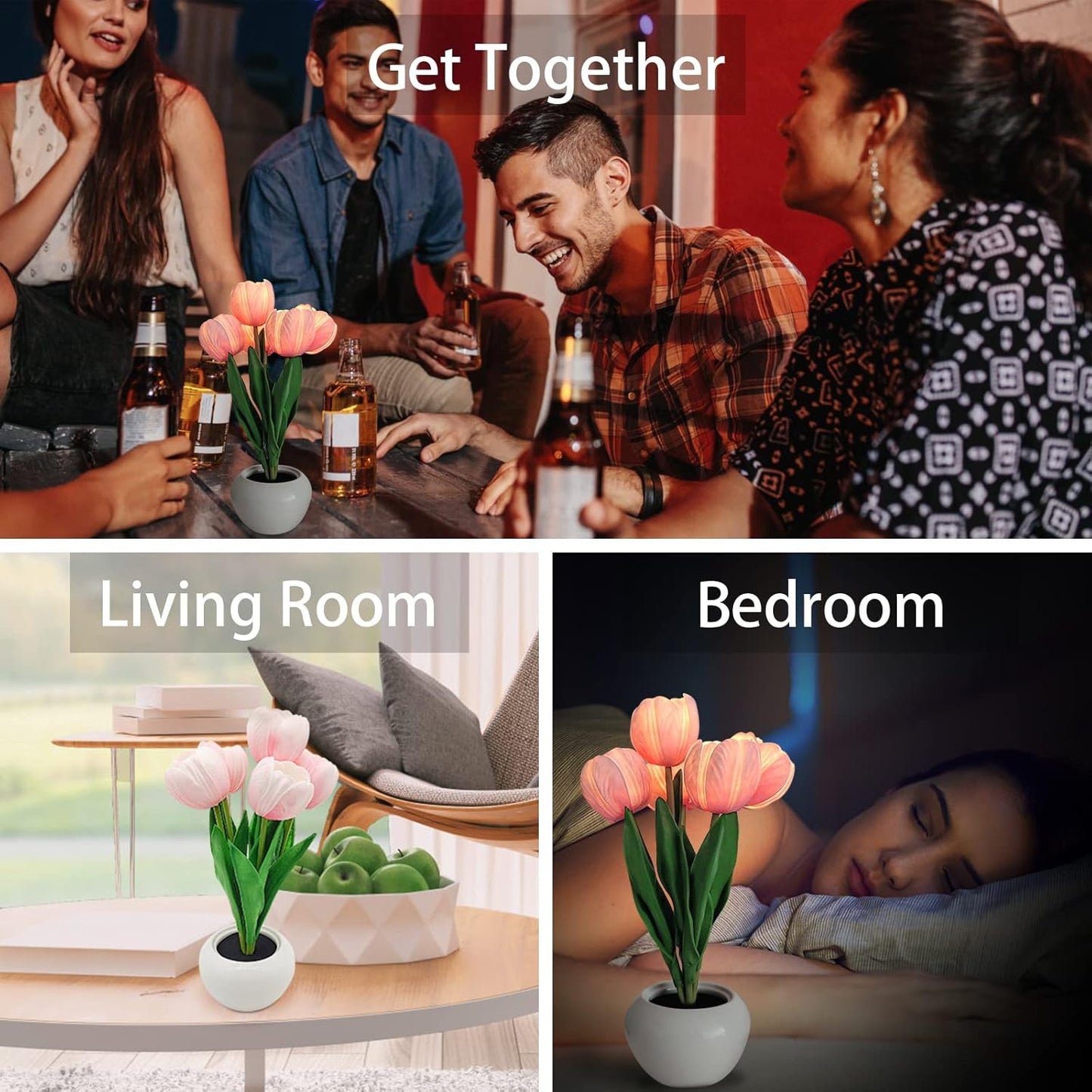 Tulip LED Night Light for Kids Room – Soft Pink Glow Lamp with Ceramic Vase, Cool and Safe
