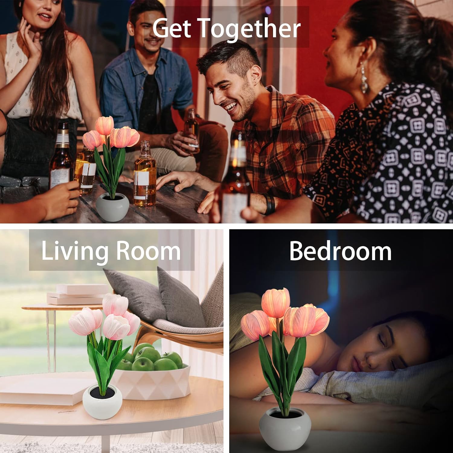 Tulip LED Night Light for Kids Room – Soft Pink Glow Lamp with Ceramic Vase, Cool and Safe