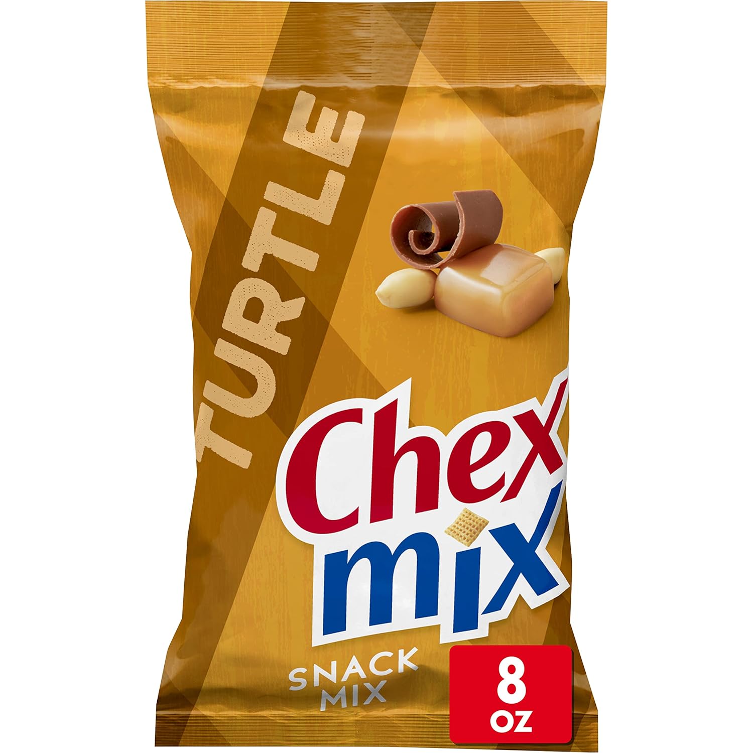 turtle flavor blend combining corn chex, cocoa chex, and caramel chex pieces with pretzels, caramel drizzled popcorn, chocolatey pieces, and peanuts
