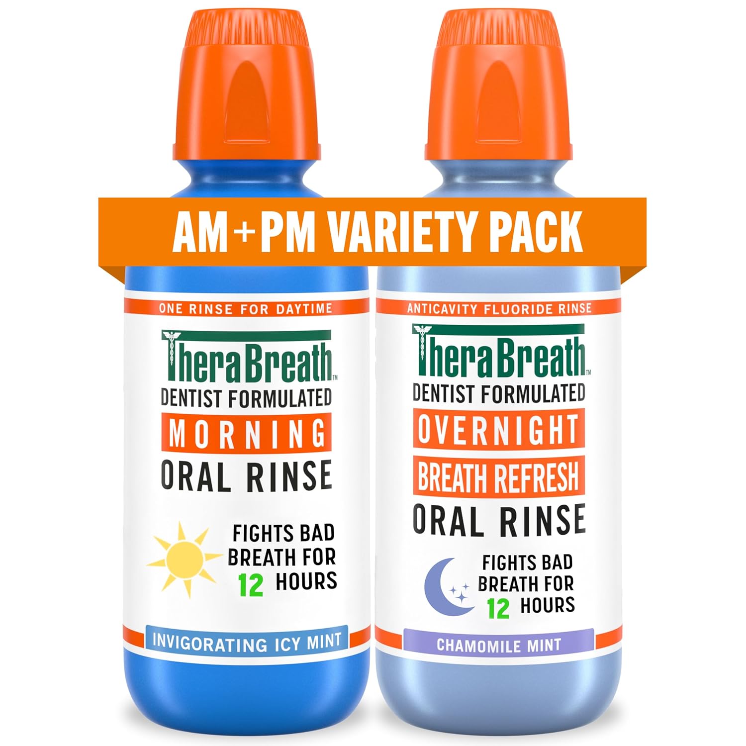 two 16 fl oz bottles included: morning oral rinse (icy mint) and overnight oral rinse (chamomile mint)