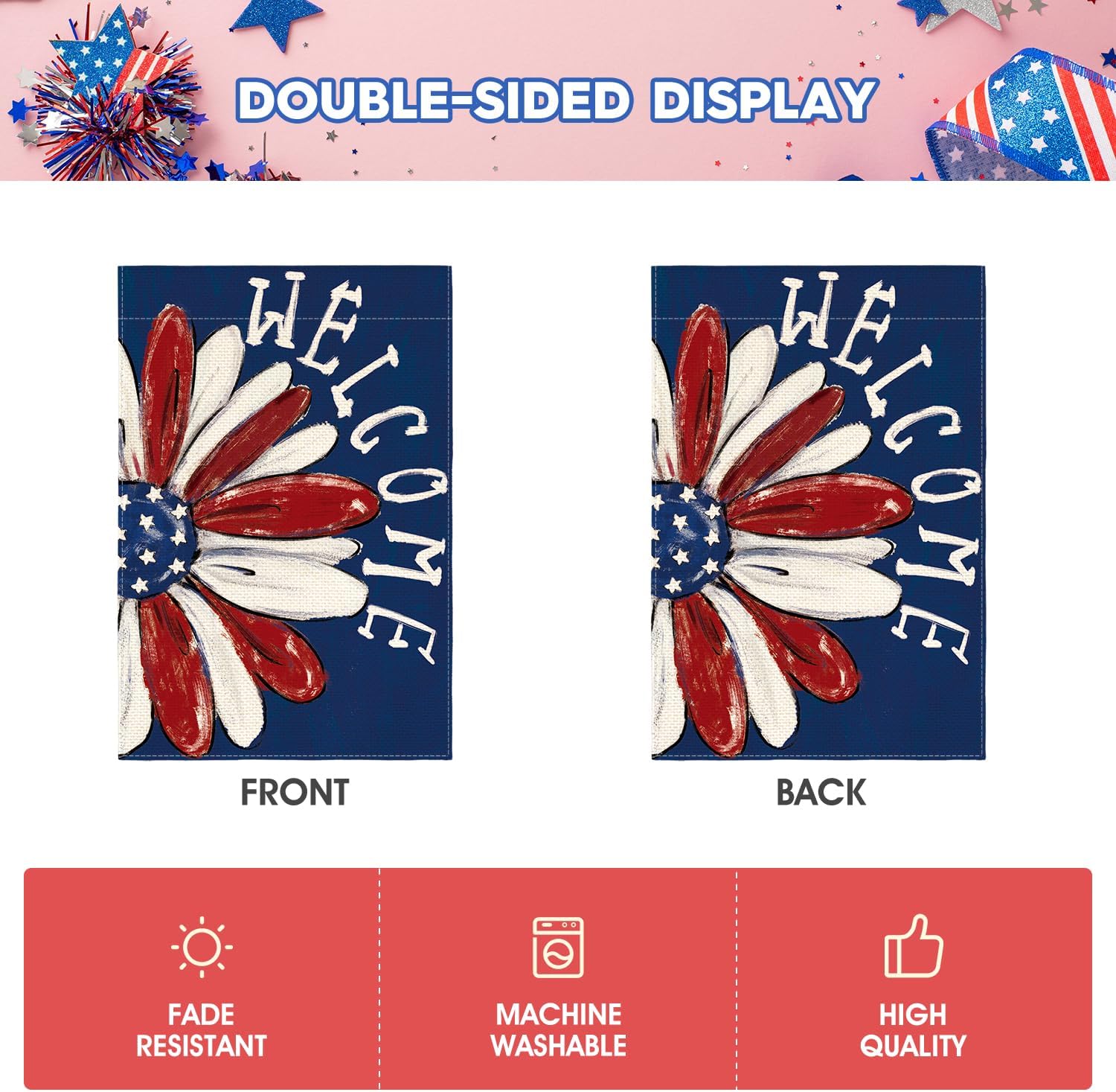two color variants: multi-color daisy floral and solid red patriotic