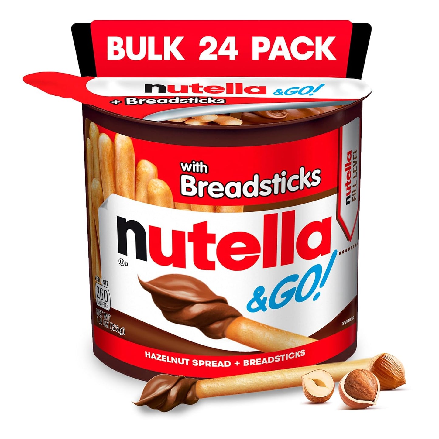 two-compartment snack cup that physically separates creamy hazelnut spread from crunchy breadsticks until dipping