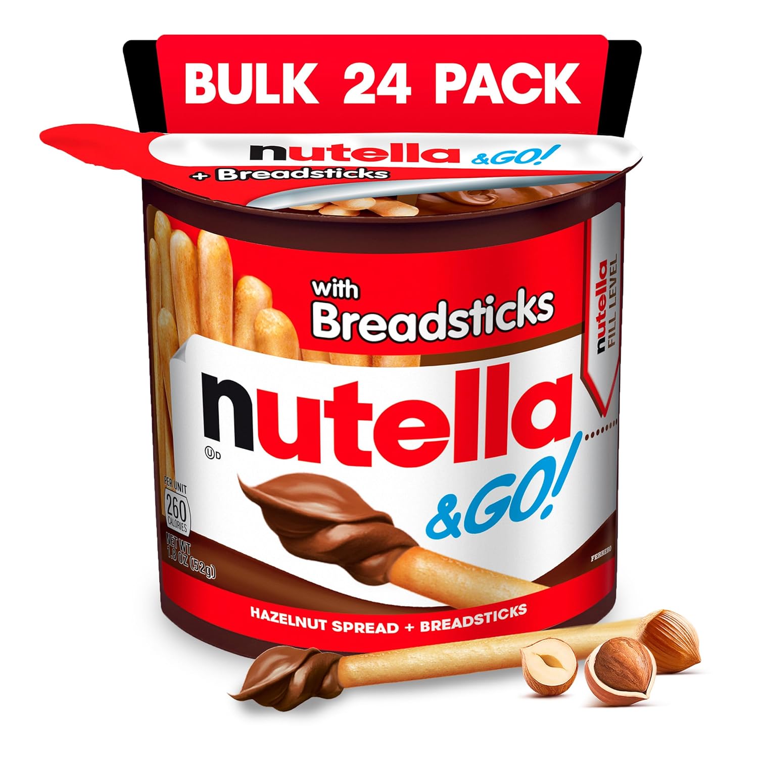 two-compartment snack cup that physically separates creamy hazelnut spread from crunchy breadsticks until dipping