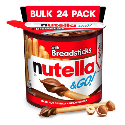 two-compartment snack cup that physically separates creamy hazelnut spread from crunchy breadsticks until dipping