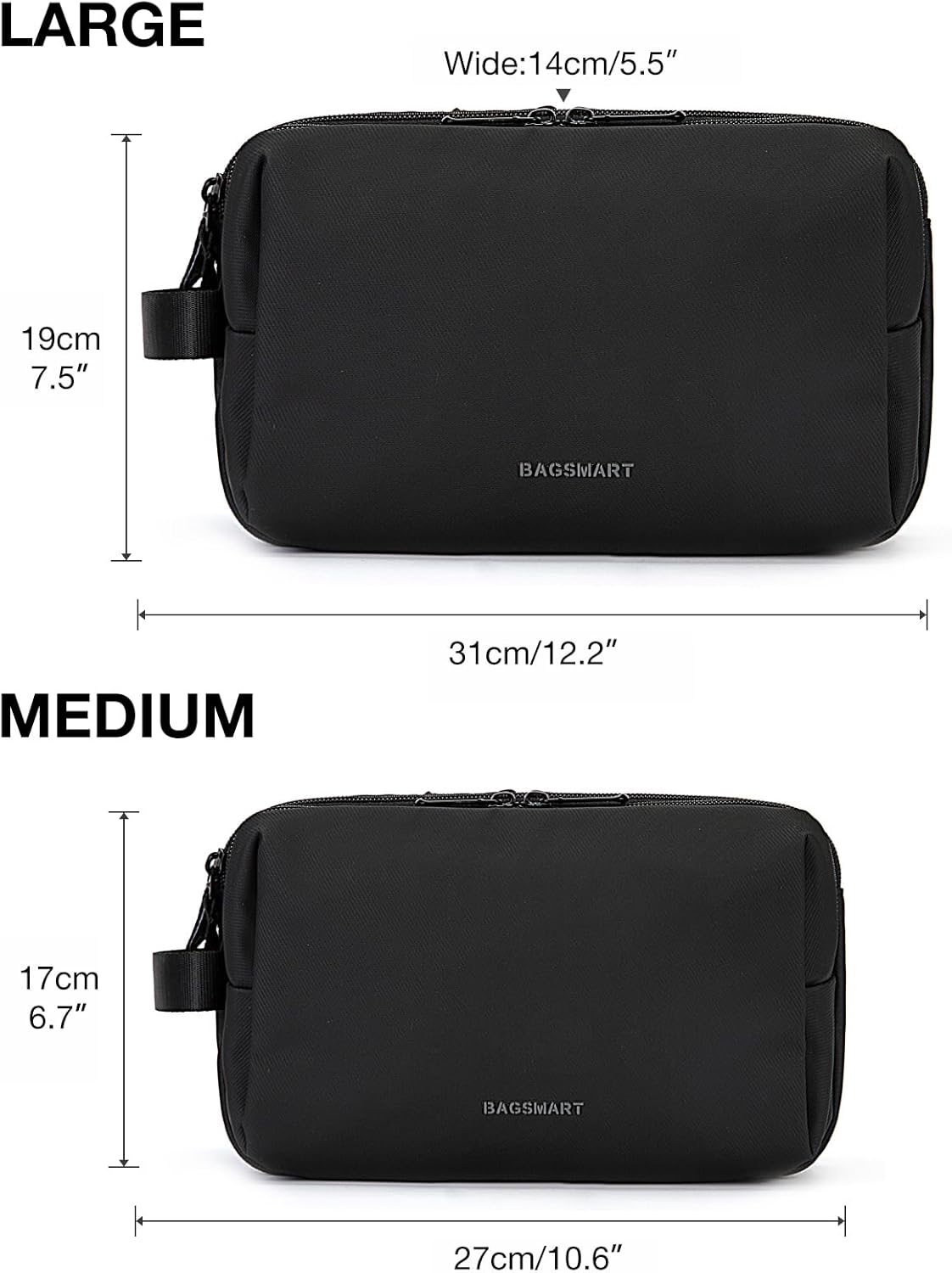 two dimensions available: medium 10.6"x3.9"x6.7" and large 12.2"x5.5"x7.5"
