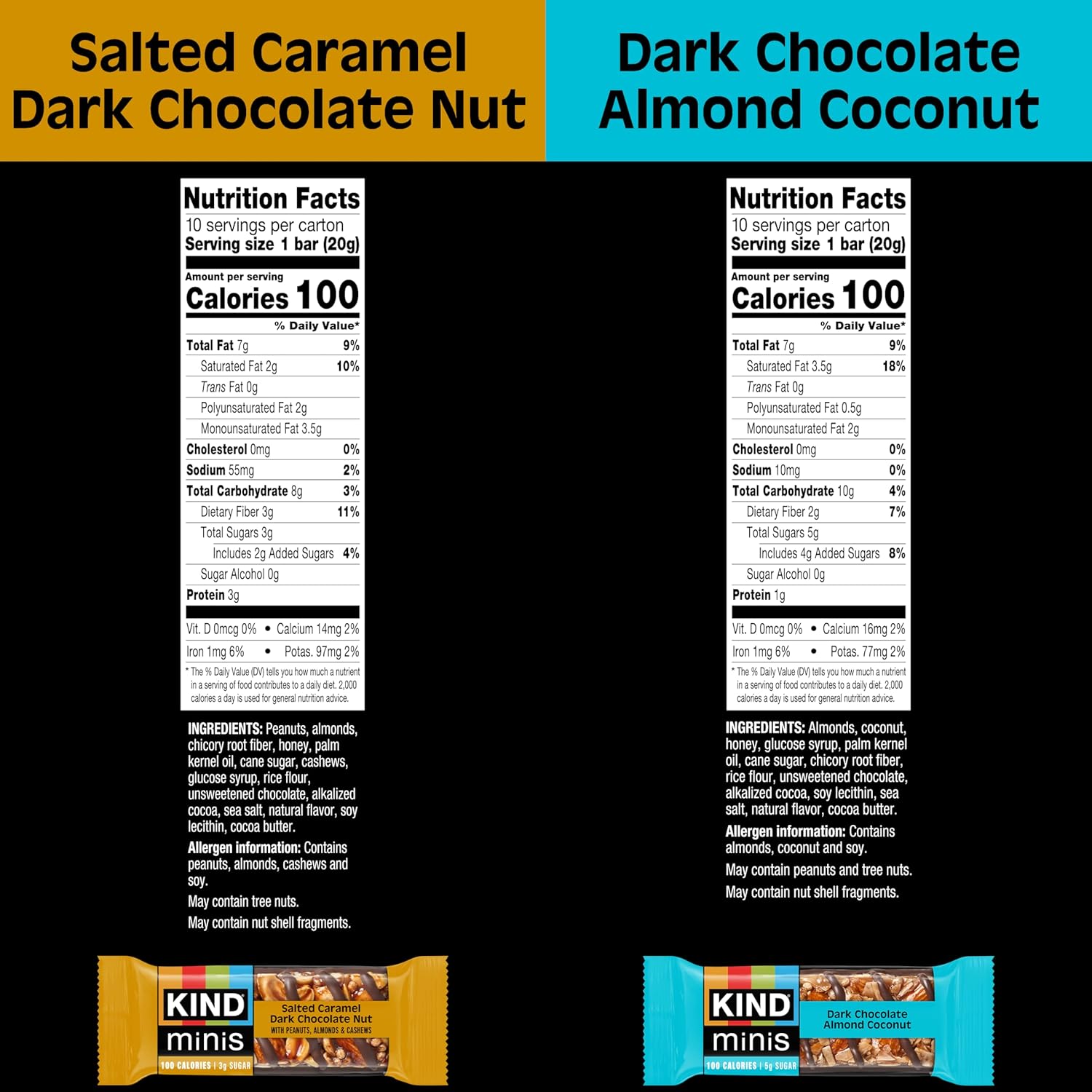 two-flavor variety: salted caramel dark chocolate nut and dark chocolate almond coconut