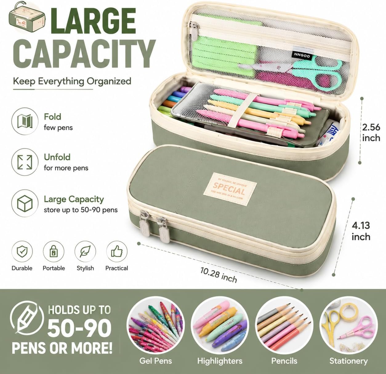 two interior compartments with dedicated slots for pens, pencils, erasers, and rulers