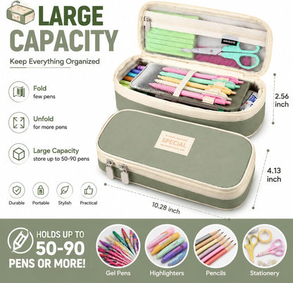 two interior compartments with dedicated slots for pens, pencils, erasers, and rulers