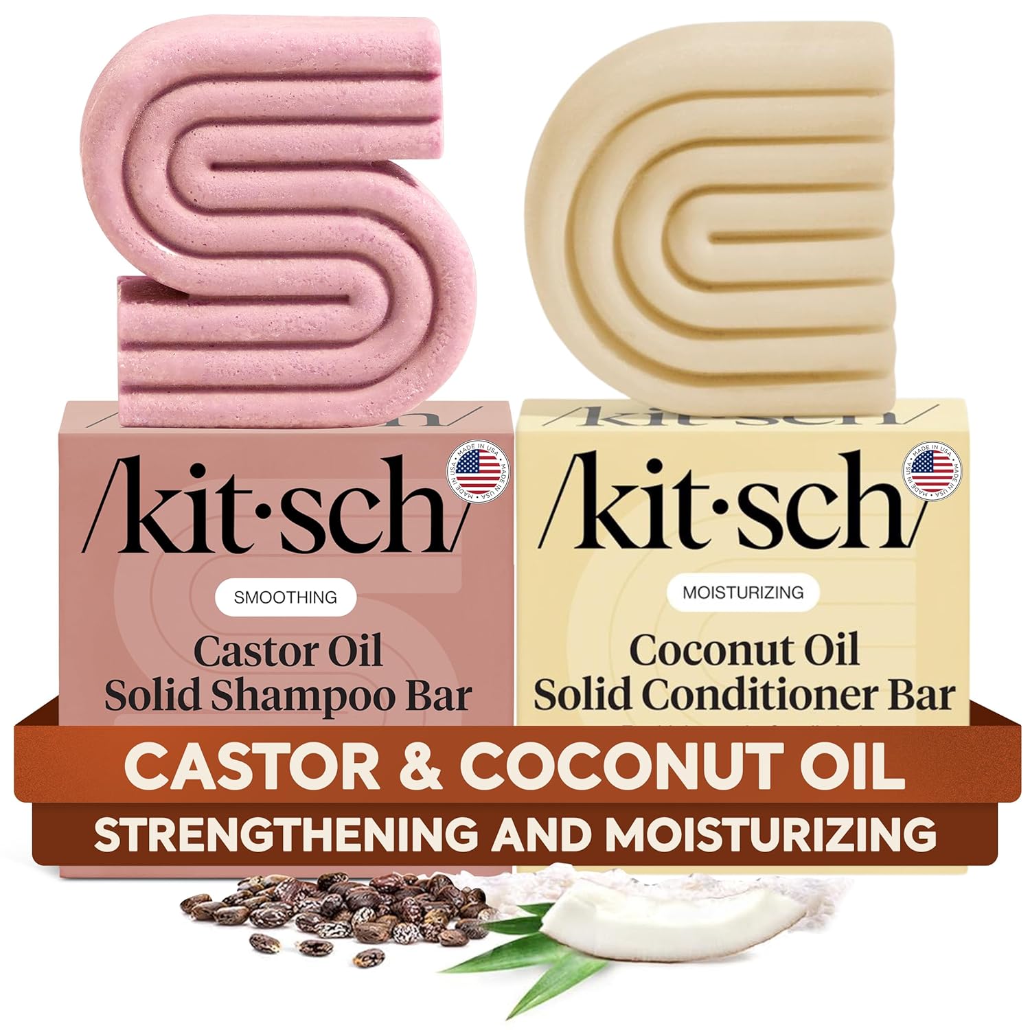 two-piece solid bar set: castor oil shampoo bar plus coconut oil conditioner bar