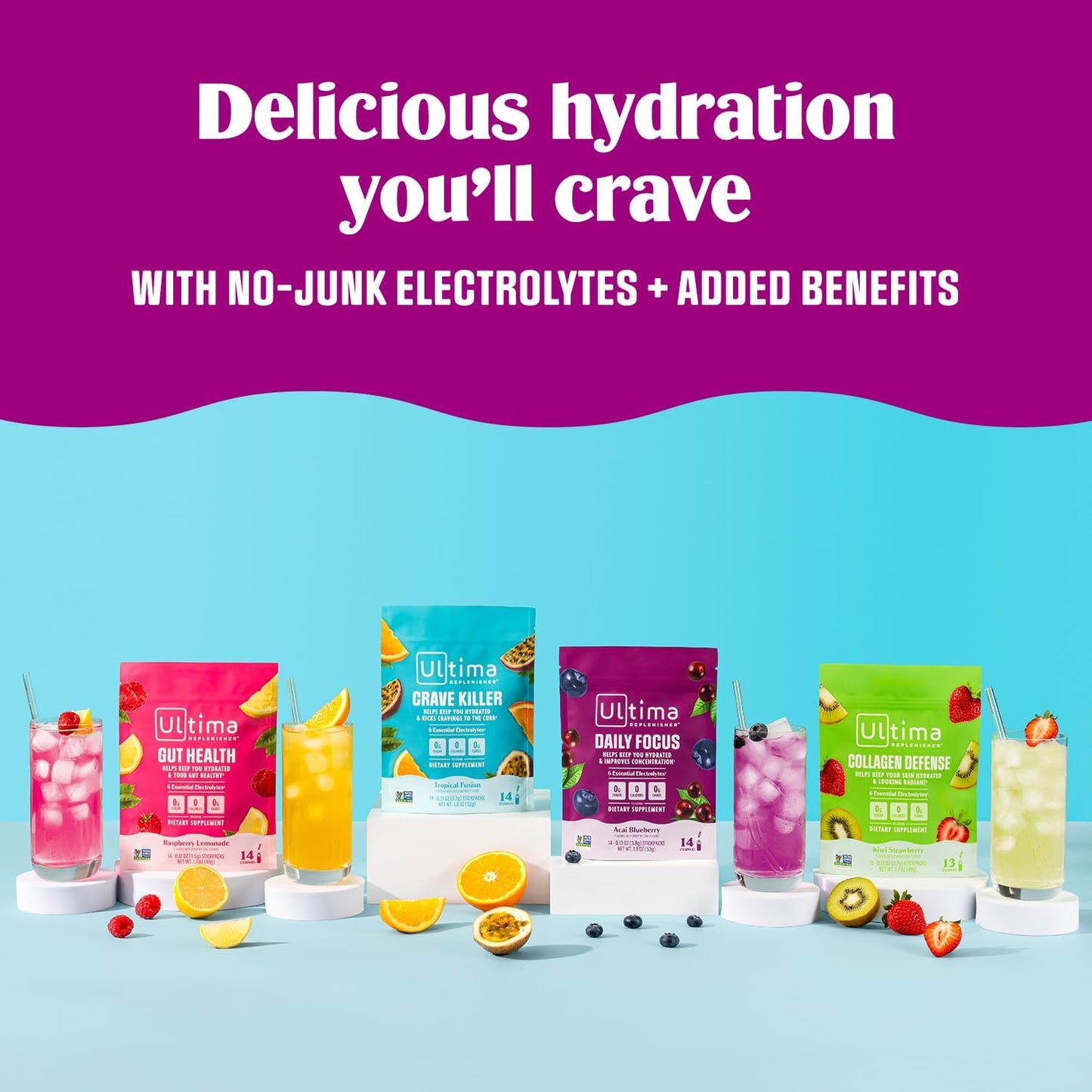 Ultima Replenisher Gut Health Electrolyte Powder - Raspberry Lemonade Stickpacks for Morning Hydration Ritual and Bloating Relief