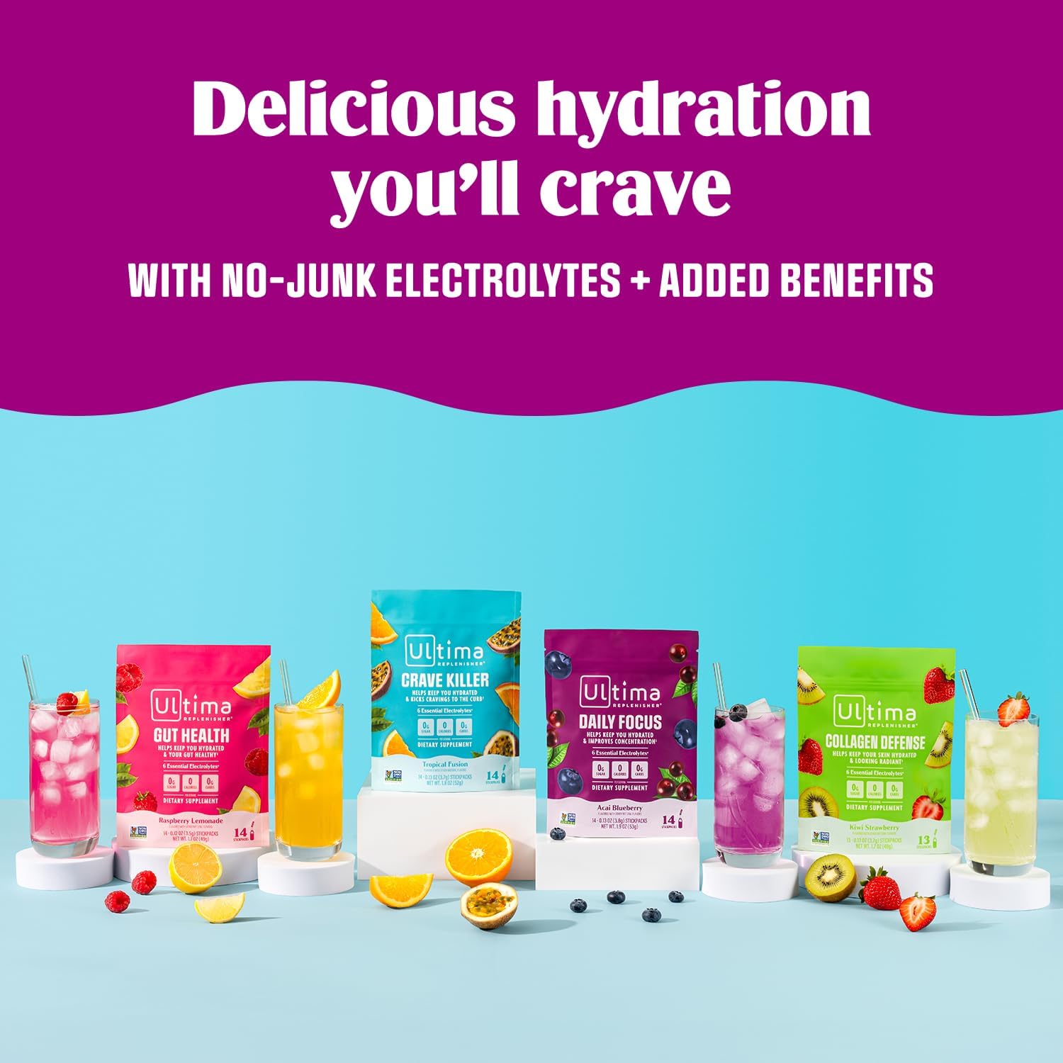 Ultima Replenisher Gut Health Electrolyte Powder - Raspberry Lemonade Stickpacks for Morning Hydration Ritual and Bloating Relief