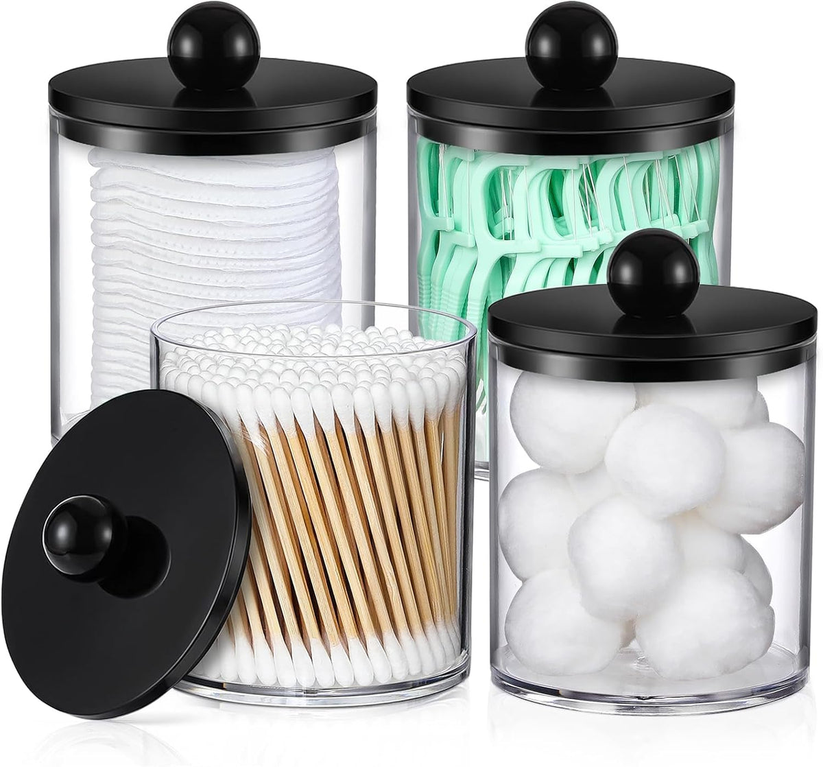 Uncluttered Vanity Organizer – Neutral Apothecary Jars in Clear and Black for Intentional Bath Storage