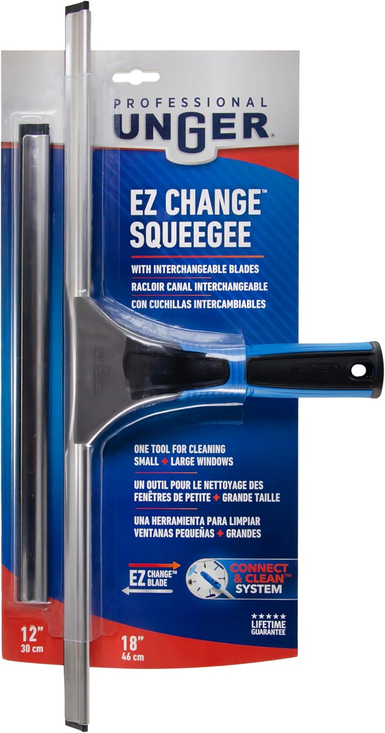 Unger Professional Connect and Clean 18" EZ Change Squeegee – Portable Glass Cleaner for Patio Doors and Outdoor Windows
