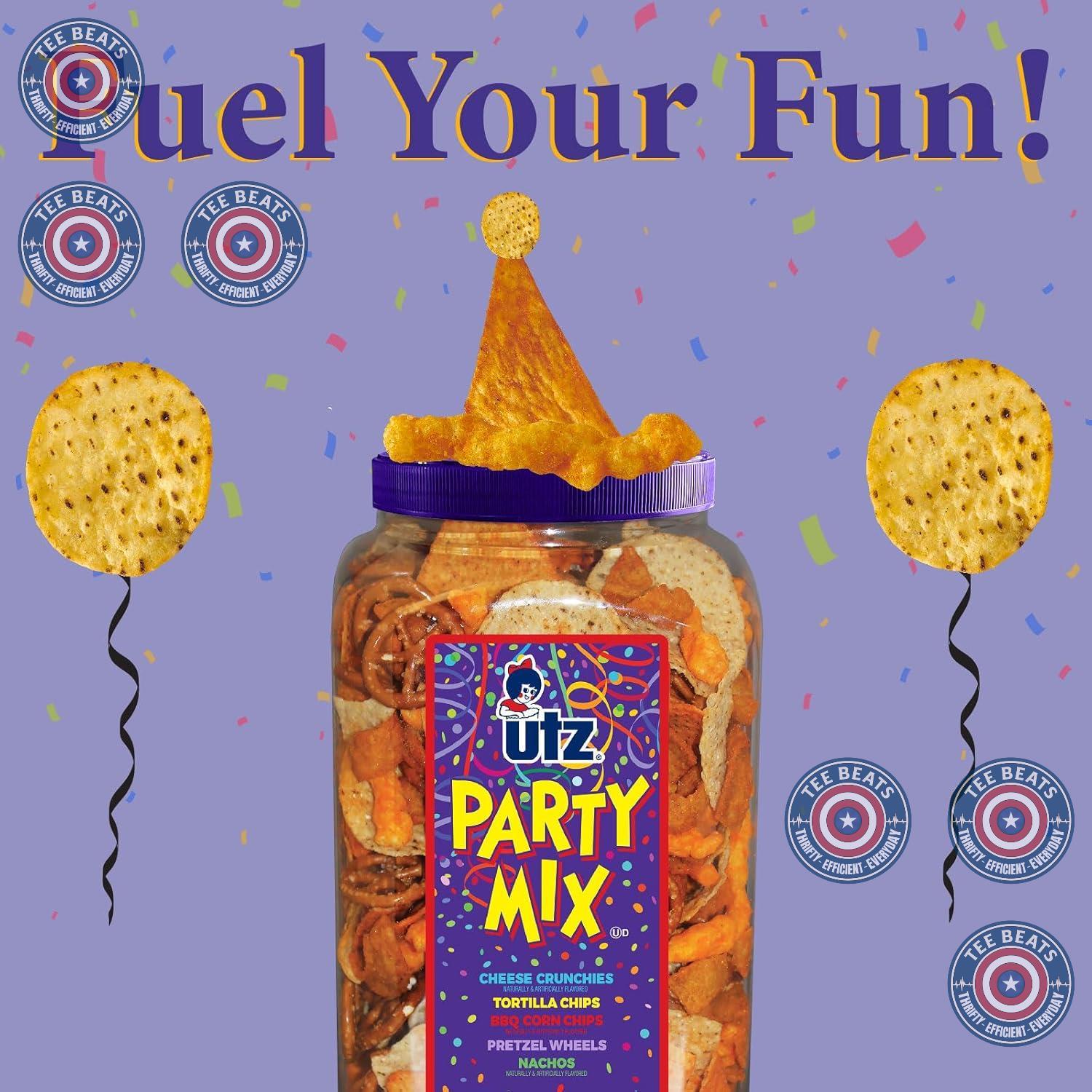Utz Party Mix 26 oz Barrel - Portable Tailgate and Patio Snack for Game Day and Backyard Cookouts