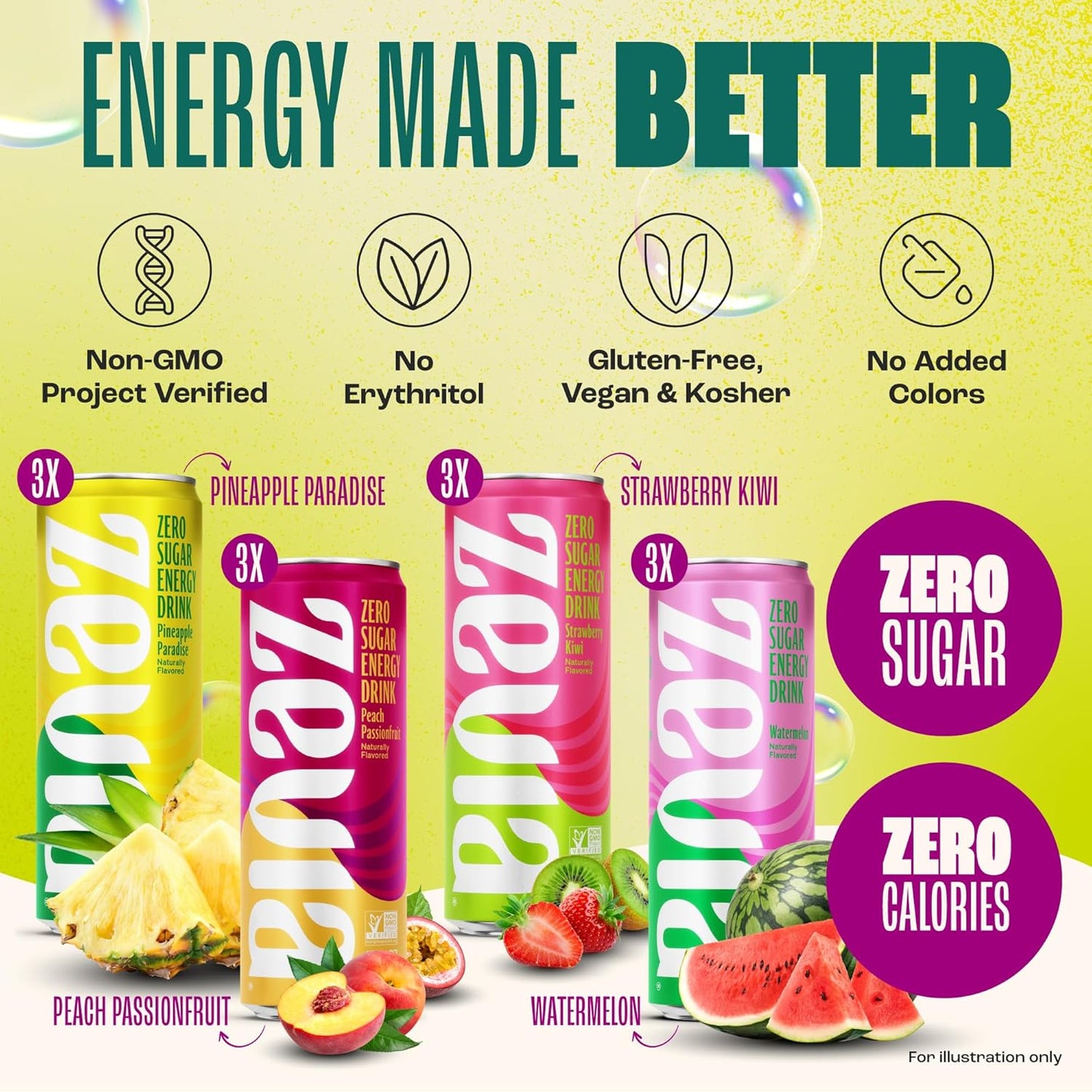 variety pack contains 4 flavors (watermelon, peach passionfruit, strawberry kiwi, pineapple paradise) with 3 cans each