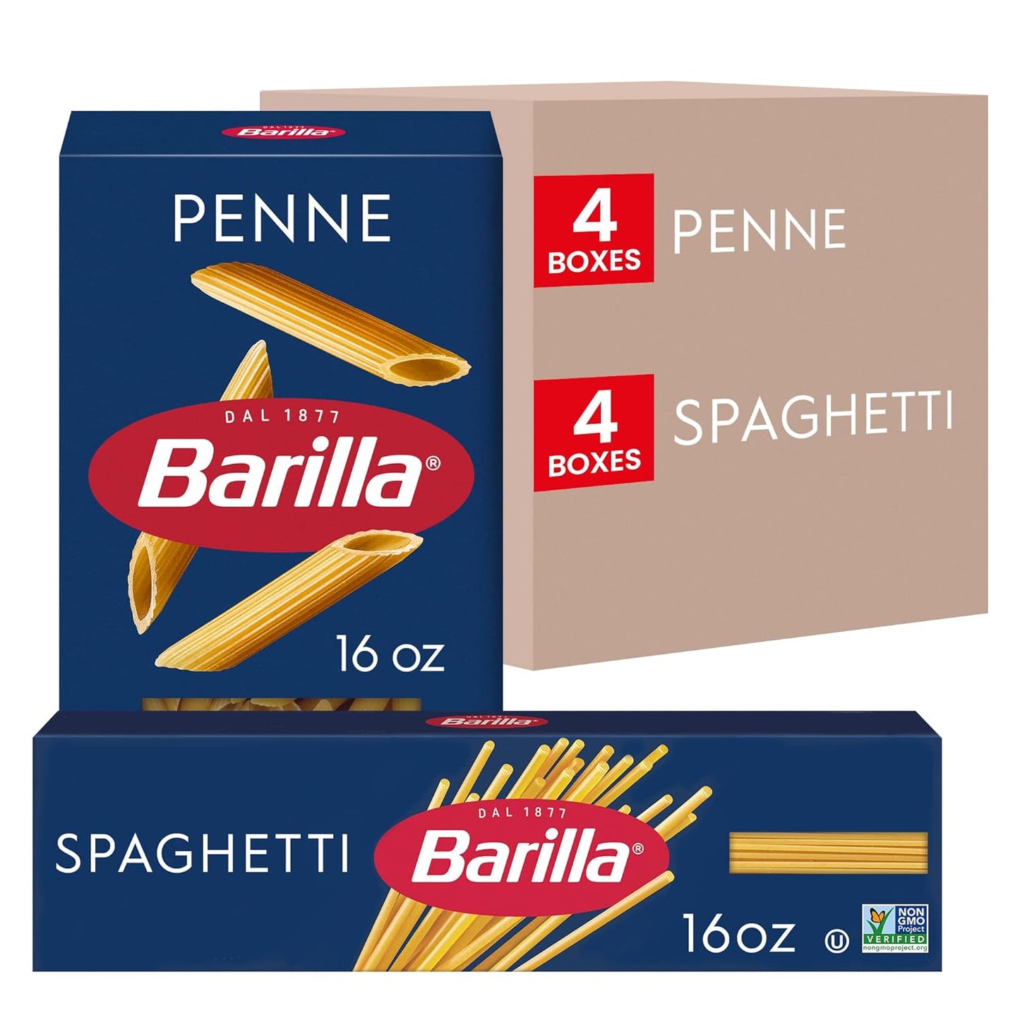 variety pack of 8 boxes: 4 penne and 4 spaghetti at 16 oz each (128 oz total)