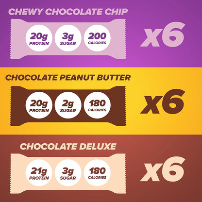 variety pack with 6 bars each of chocolate peanut butter, chocolate deluxe, and chewy chocolate chip