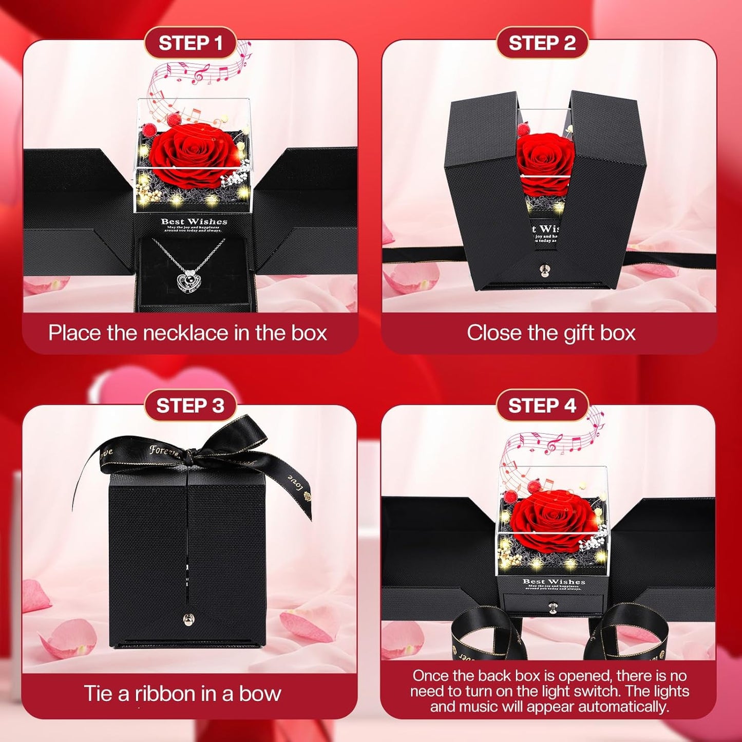Verocharm Eternal Rose with I Love You Necklace – Romantic Valentine's Day and Anniversary Gift for Wife or Girlfriend, Music and Light Reveal in Gift Box