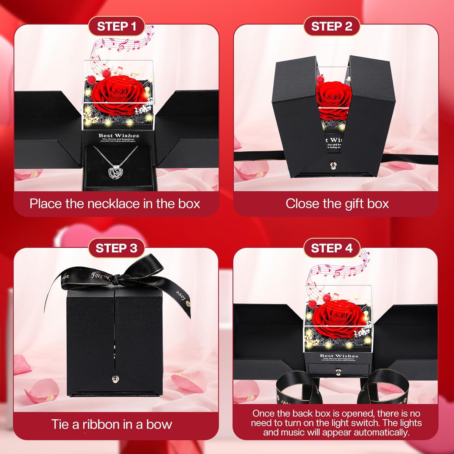 Verocharm Eternal Rose with I Love You Necklace – Romantic Valentine's Day and Anniversary Gift for Wife or Girlfriend, Music and Light Reveal in Gift Box