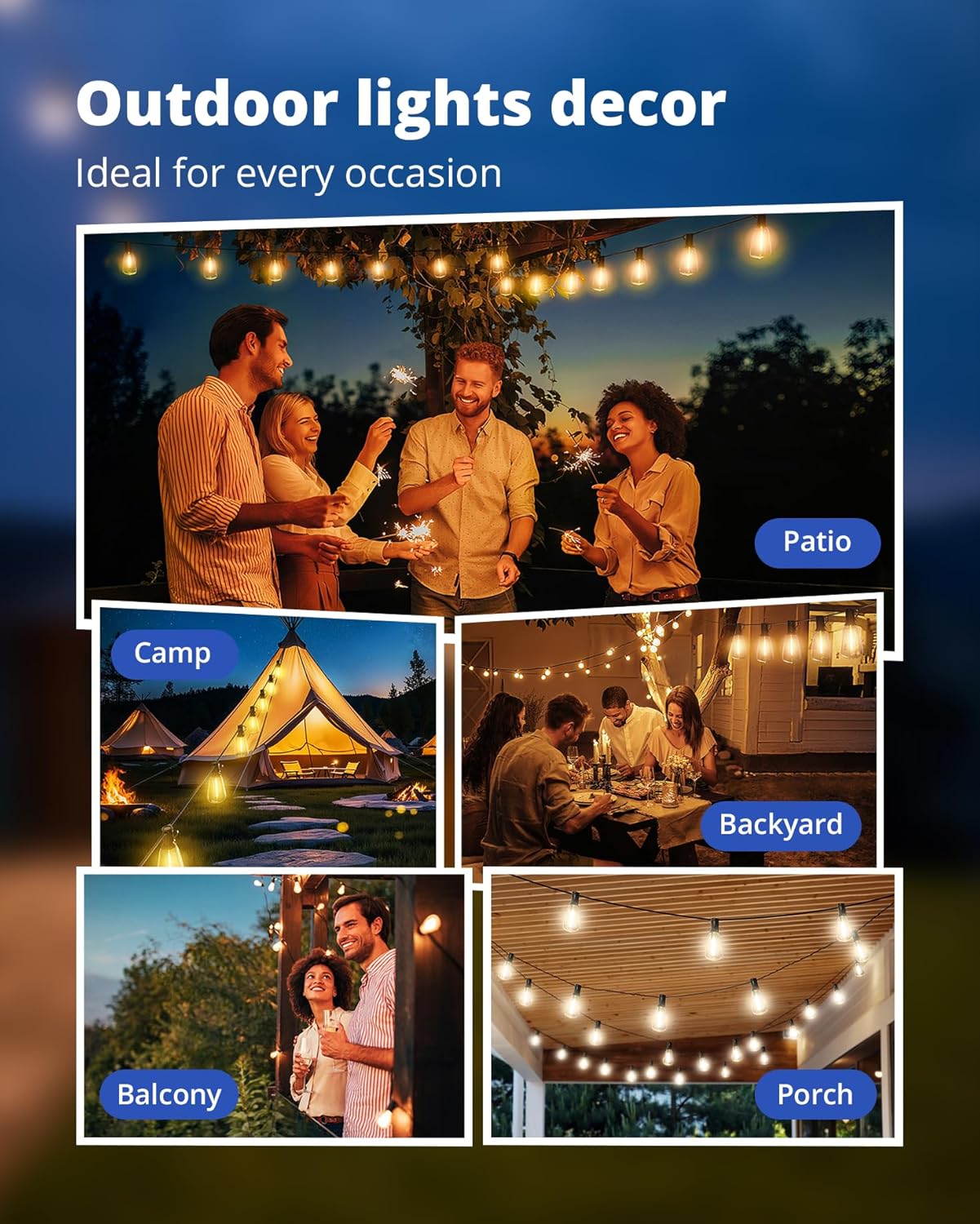 VIPAR LED Patio String Lights – 25FT IPX5 Waterproof Connectable Hanging Lights for Camping, Outdoor Dining, and Deck