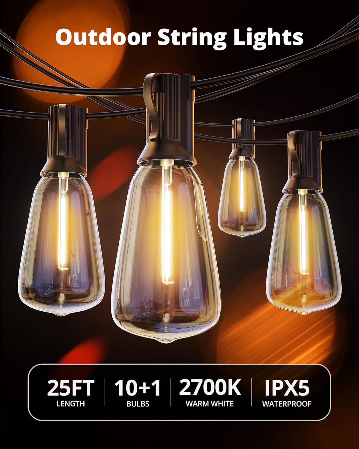 VIPAR LED Patio String Lights – 25FT IPX5 Waterproof Connectable Hanging Lights for Camping, Outdoor Dining, and Deck