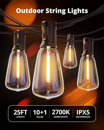 VIPAR LED Patio String Lights – 25FT IPX5 Waterproof Connectable Hanging Lights for Camping, Outdoor Dining, and Deck