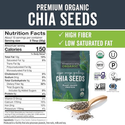 Viva Naturals Organic Chia Seeds 16 oz – Quick Plant Protein Topping for Office Smoothies and Focused Workday Snacking