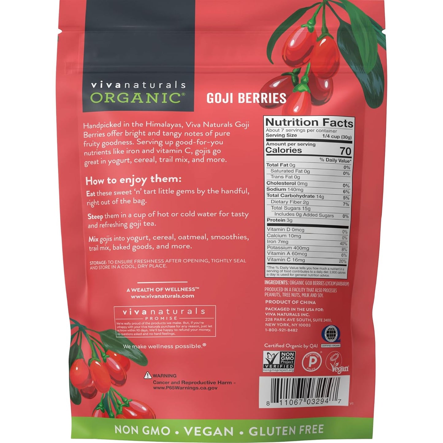 Viva Naturals Organic Goji Berries – Single-Ingredient Pantry Staple for Clutter-Free Kitchens and Intentional Eating, 8 oz
