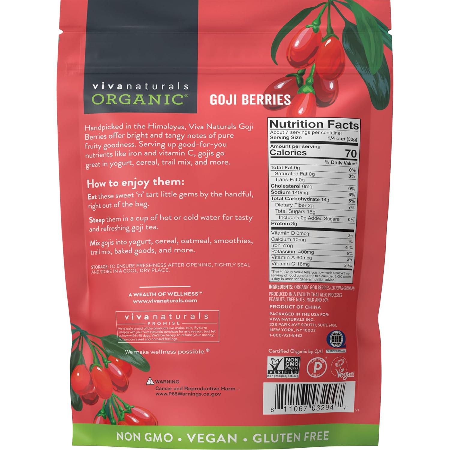 Viva Naturals Organic Goji Berries – Single-Ingredient Pantry Staple for Clutter-Free Kitchens and Intentional Eating, 8 oz