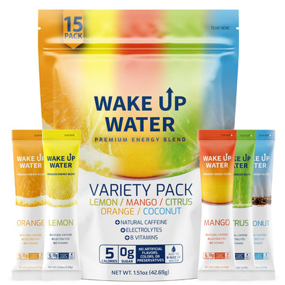 Wake Up Water Energy Drink Mix – Clean Morning Hydration Ritual for Wellness-Focused Adults, 15-Packet Variety Pack