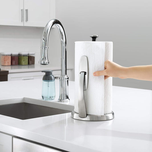 weighted stainless steel base with non-slip ring to prevent sliding on countertops