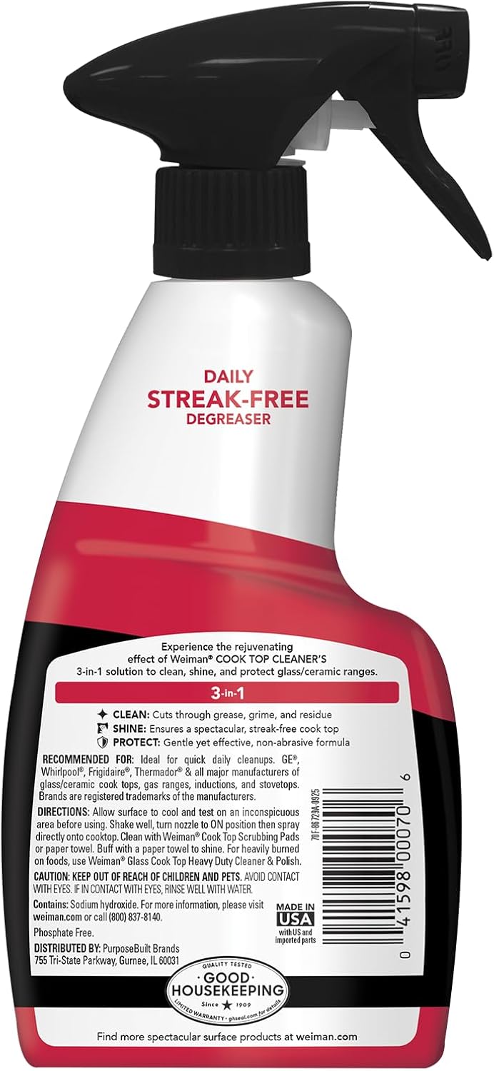 Weiman Cooktop Cleaning Spray & Microfiber Cloth – Non-Toxic Bleach-Free Formula Safer Around Kids and Food Prep