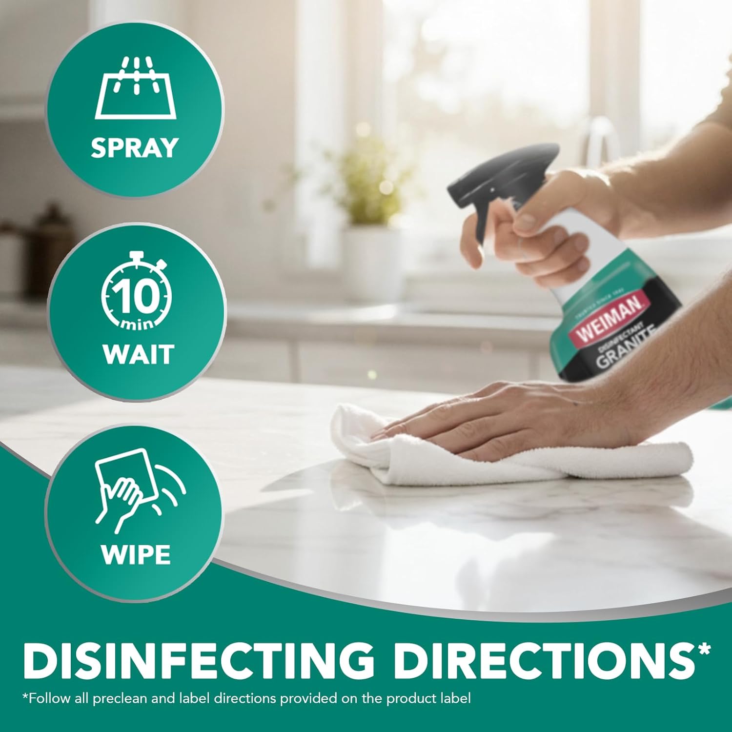 Weiman Disinfectant Granite Daily Clean & Shine – Family-Safe Countertop Disinfectant for Kitchens with Kids and Pets
