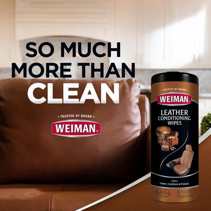 Weiman Leather Care Wipes - Travel-Friendly 3-in-1 Cleaner, Conditioner, and UV Protector for Truck Interiors, Camping Chairs, and Patio Cushions