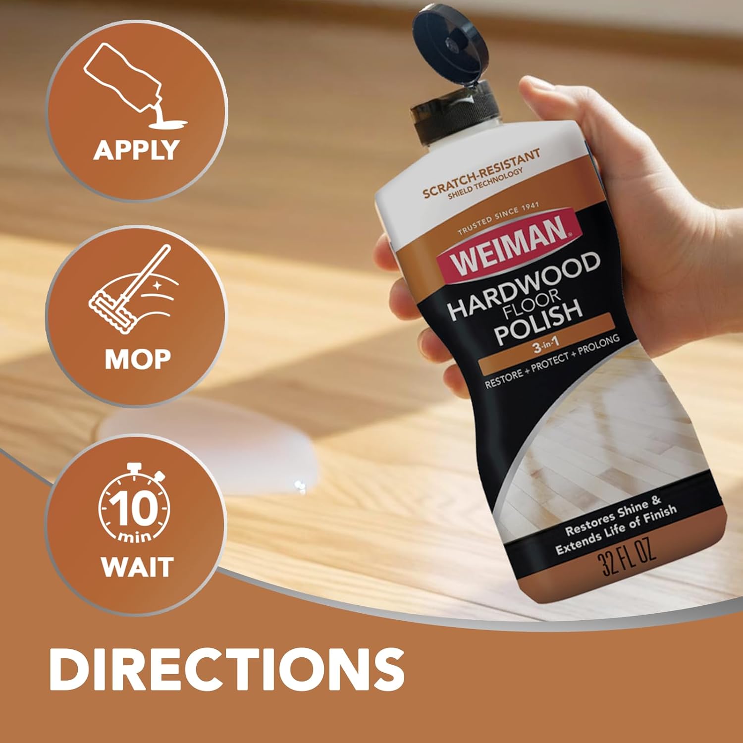 Weiman Wood Floor Polish and Restorer 3PC Bundle - Pet and Child Safe Hardwood Floor Cleaner, Non-Toxic Formula for Family Rooms