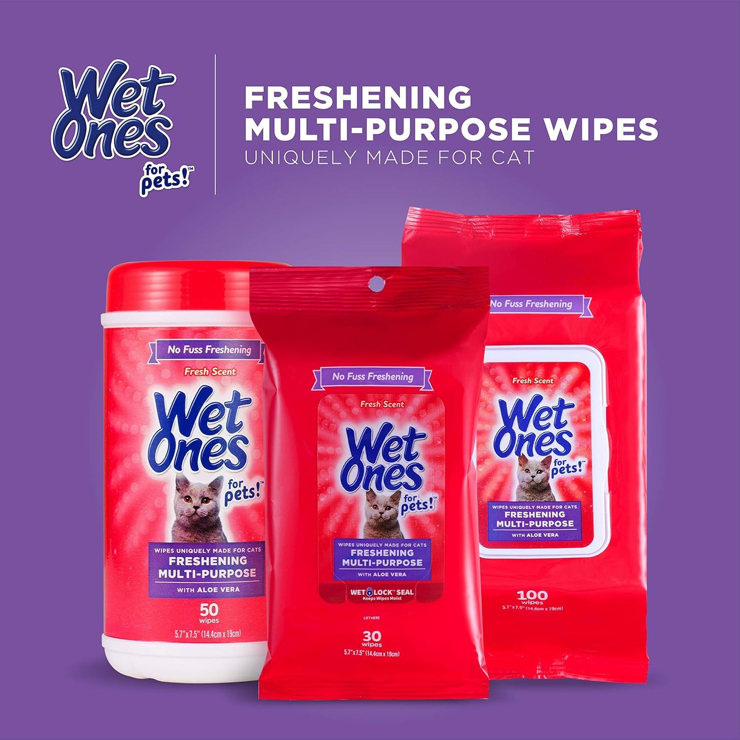 Wet Ones for Cats Freshening Wipes, Worry-Free Daily Hygiene Around Children and Senior Cats, Hypoallergenic Formula, 3-Pack