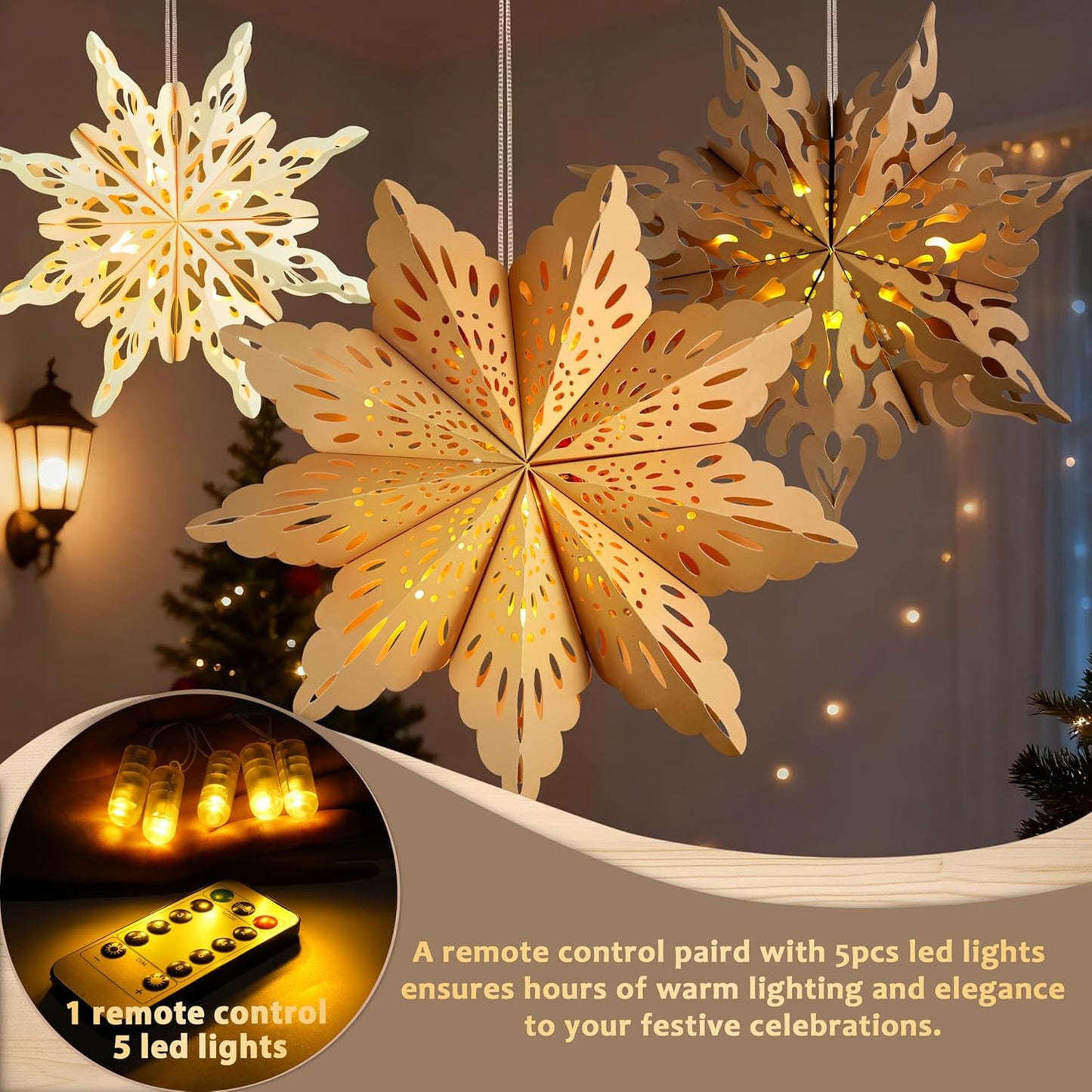 White and Beige Paper Snowflake Lanterns – Minimalist Holiday Decor with Subtle LED Glow, Neutral Tone Star Lamps
