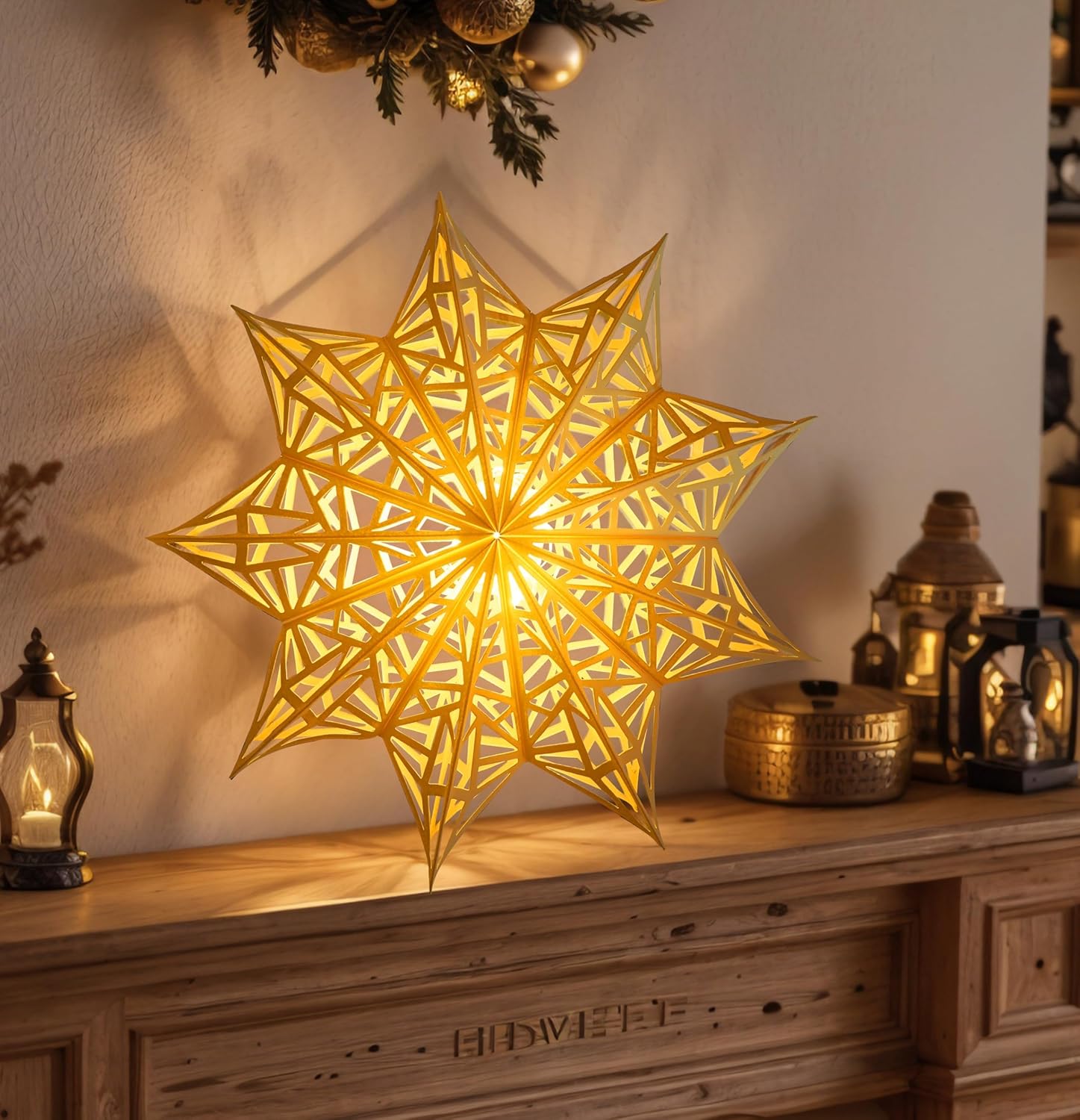 White and Beige Paper Snowflake Lanterns – Minimalist Holiday Decor with Subtle LED Glow, Neutral Tone Star Lamps