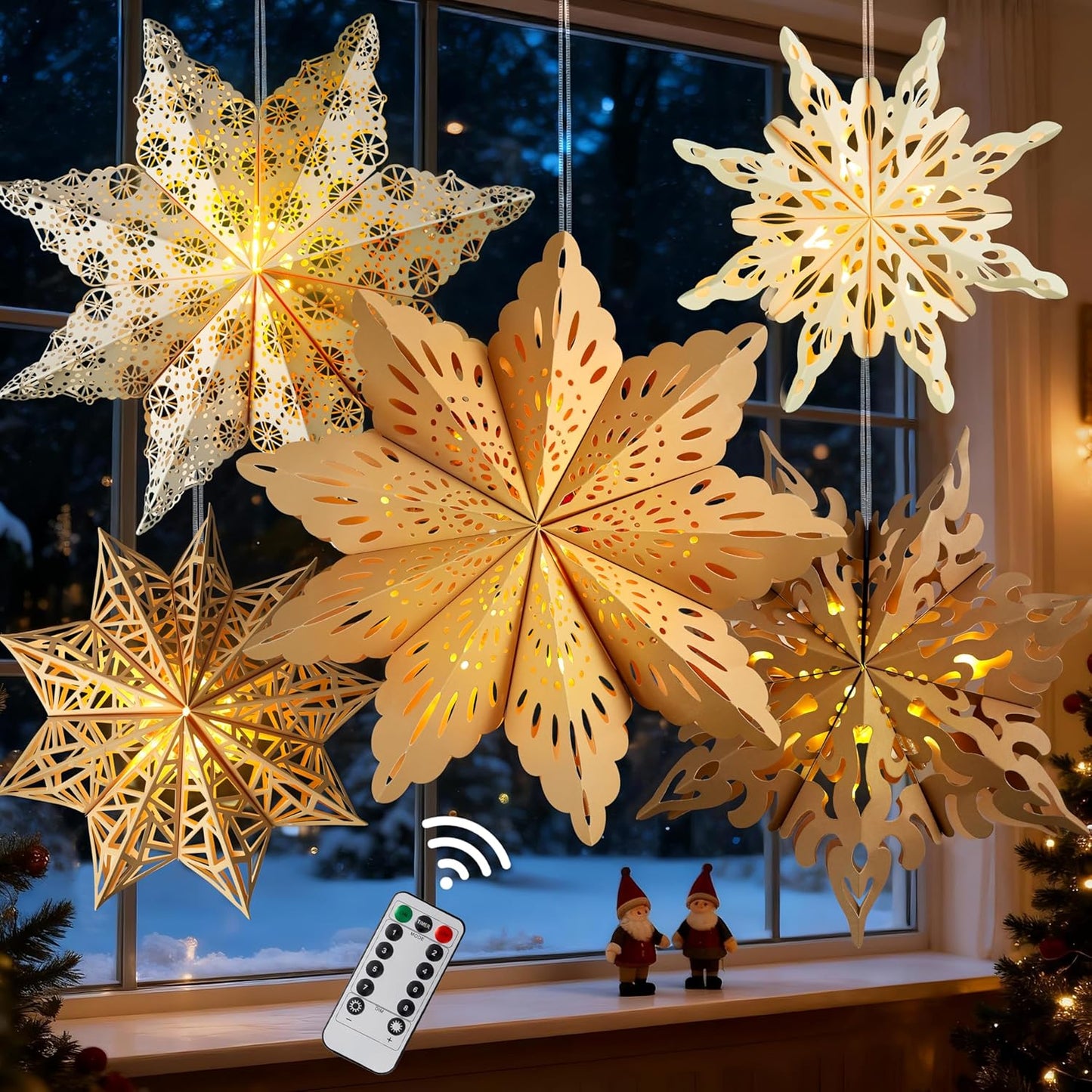 White and Beige Paper Snowflake Lanterns – Minimalist Holiday Decor with Subtle LED Glow, Neutral Tone Star Lamps