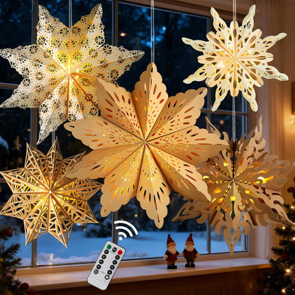 White and Beige Paper Snowflake Lanterns – Minimalist Holiday Decor with Subtle LED Glow, Neutral Tone Star Lamps
