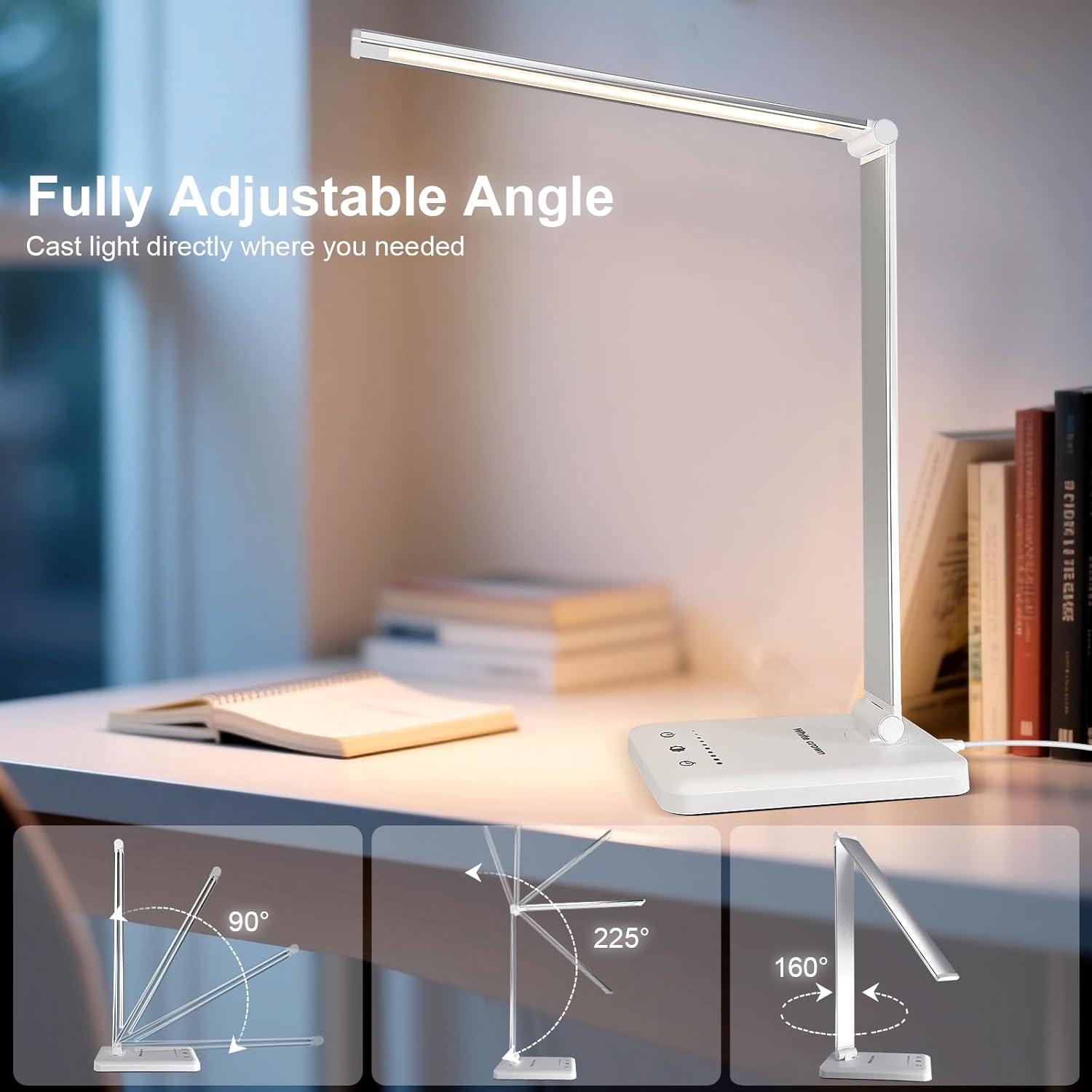 White crown Dimmable Table Lamp – Adjustable 5-Mode Study Lamp with Timer for Dorm Desk and Reading