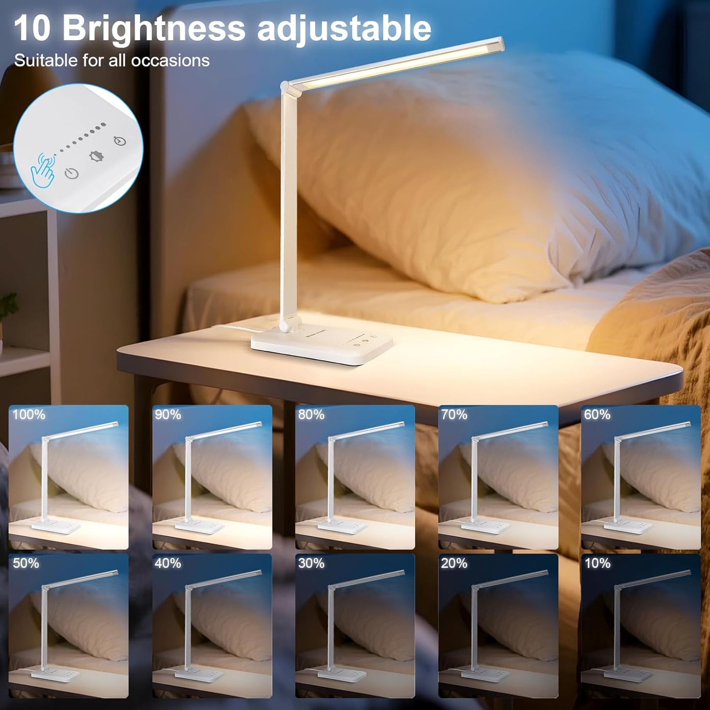 White crown Dimmable Table Lamp – Adjustable 5-Mode Study Lamp with Timer for Dorm Desk and Reading