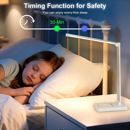 White crown Dimmable Table Lamp – Adjustable 5-Mode Study Lamp with Timer for Dorm Desk and Reading