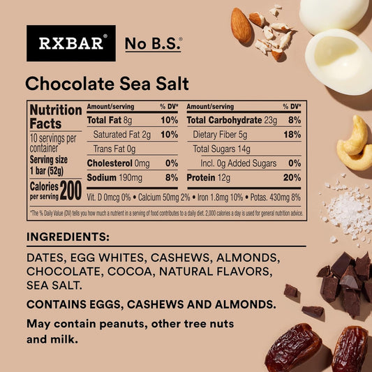 whole-food ingredient panel: dates, almonds, cashews, egg whites, chocolate, cocoa, sea salt