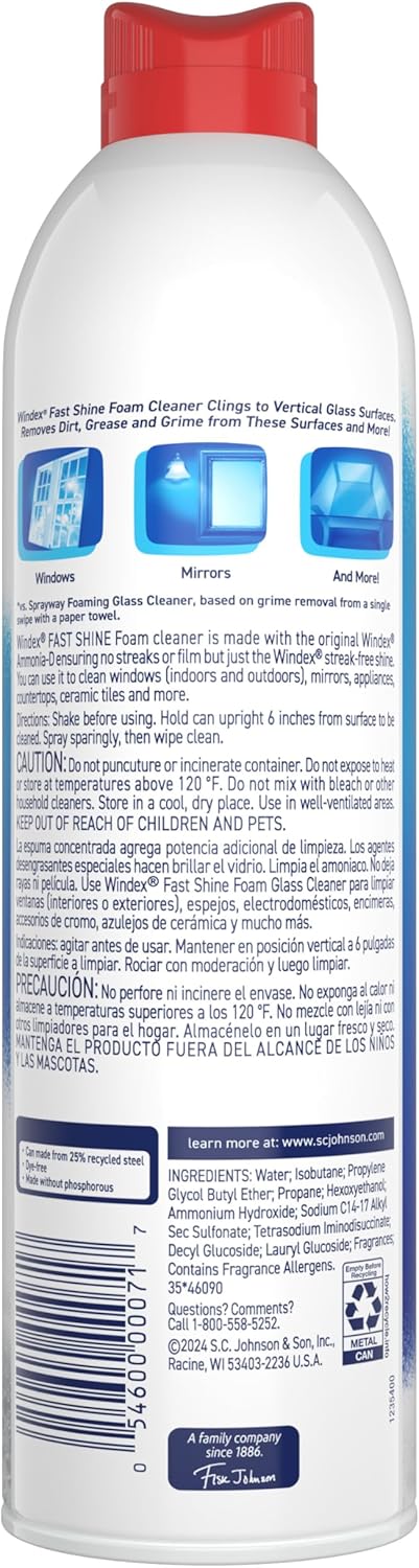Windex Fast Shine Foam Glass Cleaner – Home Office Window and Desk Polish for a Focused Workday