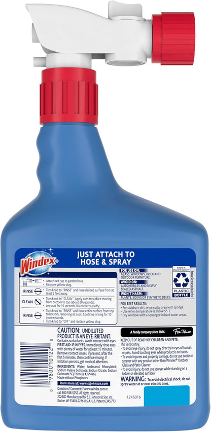 Windex Outdoor Window Cleaner for Hose Attachment – Streak-Free Patio Glass and Deck Furniture Spray, 32 Fl Oz (Pack of 2)