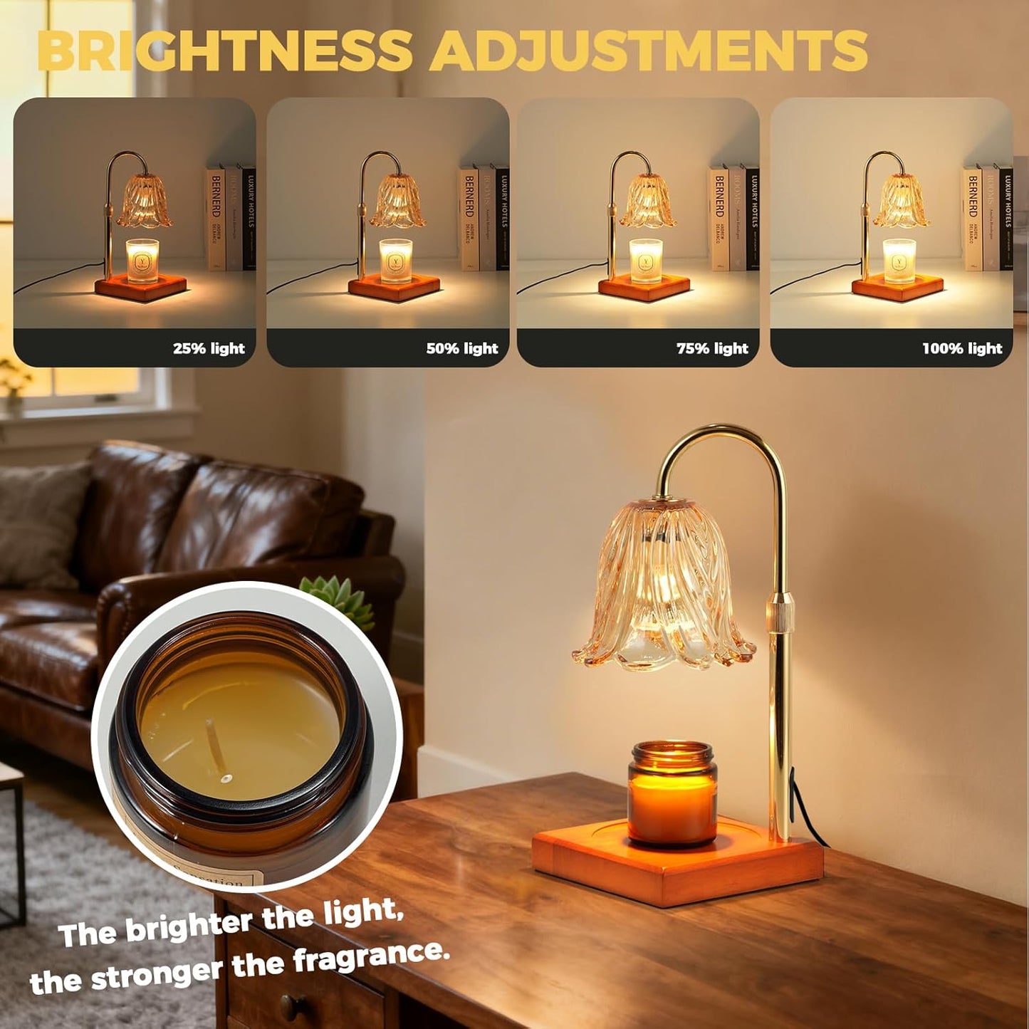 wooden base with metal lamp body and amber glass shade